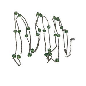 You and I Long Silver Tone Necklace Green Glass Faceted Beads Double Triple 75"